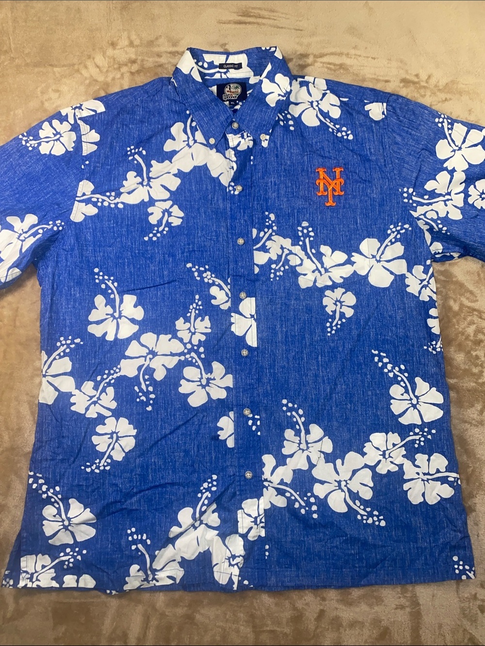reyn spooner Blue and White Hawaiian Floral Button-Down with Orange NY Mets Logo